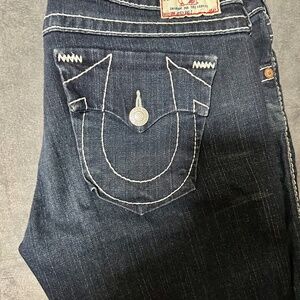 True Religion Jeans Womens 32 Blue Joey Big T Flare Dark Wash Denim Made in USA